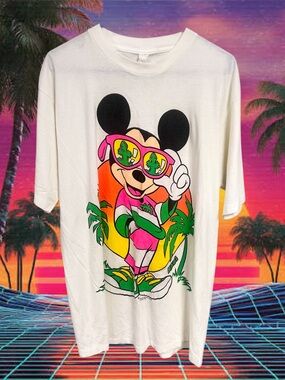 Vintage Sherry Mig white Mickey Mouse neon Maui beach tshirt dress